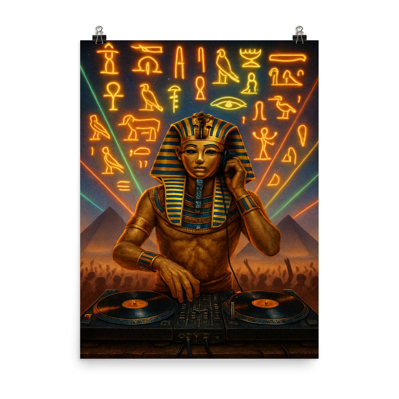 King Tutankhamun DJ ing at a desert rave with hieroglyphic lights poster on a plain backdrop in size 8