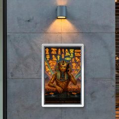 King Tutankhamun DJ ing at a desert rave with hieroglyphic lights poster 2