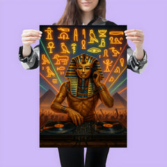 King Tutankhamun DJ ing at a desert rave with hieroglyphic lights poster 3
