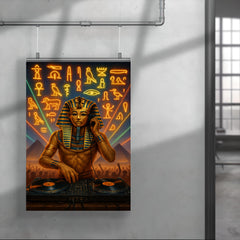 King Tutankhamun DJ ing at a desert rave with hieroglyphic lights poster 4