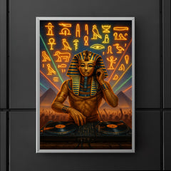 King Tutankhamun DJ ing at a desert rave with hieroglyphic lights poster 5