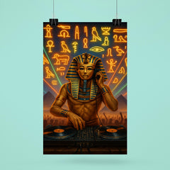 King Tutankhamun DJ ing at a desert rave with hieroglyphic lights poster 6