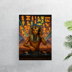 King Tutankhamun DJ ing at a desert rave with hieroglyphic lights poster 7