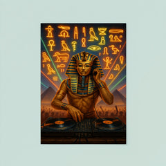 King Tutankhamun DJ ing at a desert rave with hieroglyphic lights poster 8
