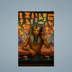 King Tutankhamun DJ ing at a desert rave with hieroglyphic lights poster 9