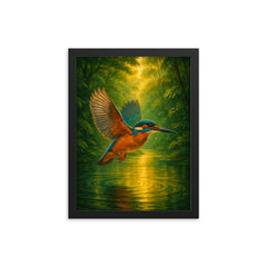 Kingfisher over luminous jungle river framed print on a plain backdrop in size 12"x16".