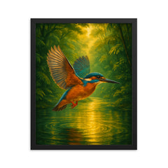 Kingfisher over luminous jungle river framed print on a plain backdrop in size 16"x20".