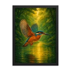 Kingfisher over luminous jungle river framed print on a plain backdrop in size 18"x24".