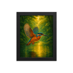 Kingfisher over luminous jungle river framed print on a plain backdrop in size 8"x10".