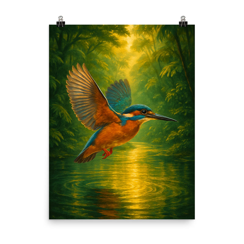Kingfisher over luminous jungle river poster on a plain backdrop in size 8