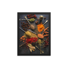 Kitchen spices framed print on a plain backdrop in size 12"x16".