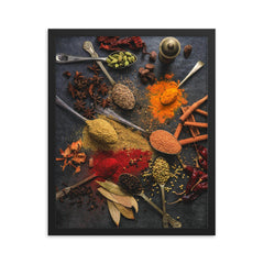 Kitchen spices framed print on a plain backdrop in size 16"x20".
