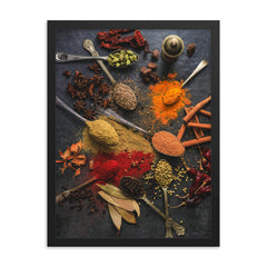 Kitchen spices framed print on a plain backdrop in size 18"x24".