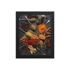 Kitchen spices framed print on a plain backdrop in size 8"x10".