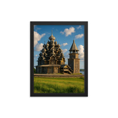 Kizhi Pogost Wooden Churches Russia framed print on a plain backdrop in size 12"x16".