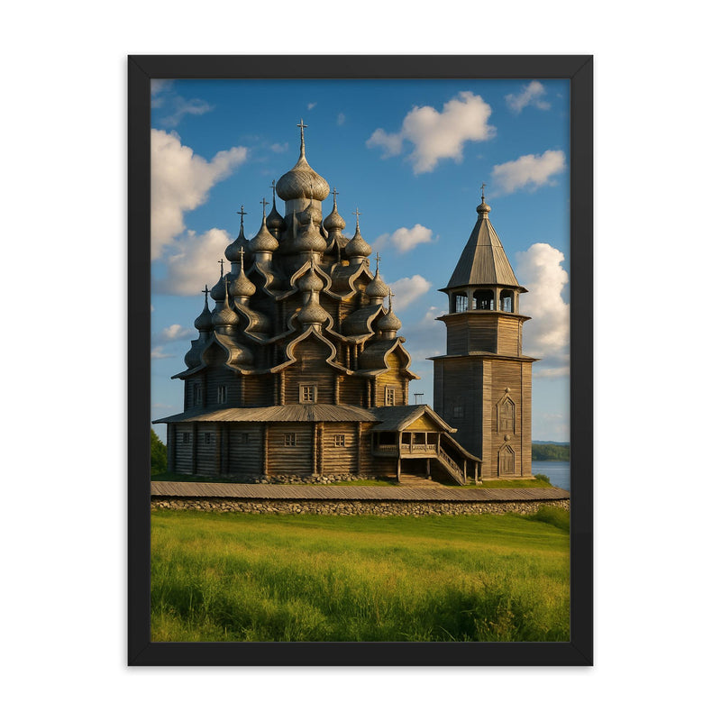 Kizhi Pogost Wooden Churches Russia framed print on a plain backdrop in size 18