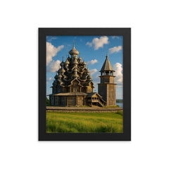 Kizhi Pogost Wooden Churches Russia framed print on a plain backdrop in size 8"x10".