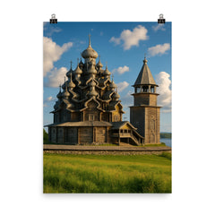 Kizhi Pogost Wooden Churches Russia poster on a plain backdrop in size 8"x10".