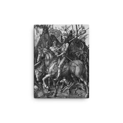 Knight, Death and the Devil by Albrecht Durer, 1513 canvas print on a plain backdrop in size 12"x16".