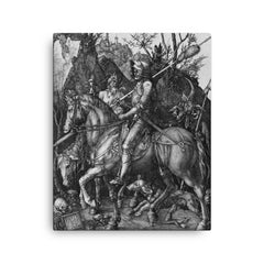 Knight, Death and the Devil by Albrecht Durer, 1513 canvas print on a plain backdrop in size 16"x20".