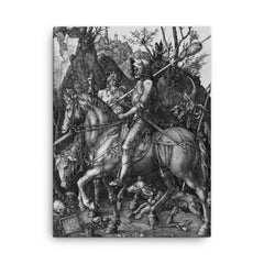 Knight, Death and the Devil by Albrecht Durer, 1513 canvas print on a plain backdrop in size 18"x24".