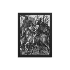 Knight, Death and the Devil by Albrecht Durer, 1513 framed print on a plain backdrop in size 12"x16".
