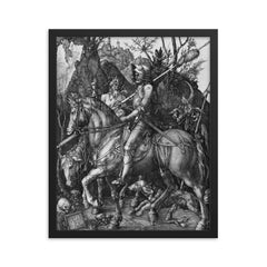 Knight, Death and the Devil by Albrecht Durer, 1513 framed print on a plain backdrop in size 16"x20".