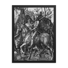 Knight, Death and the Devil by Albrecht Durer, 1513 framed print on a plain backdrop in size 18"x24".