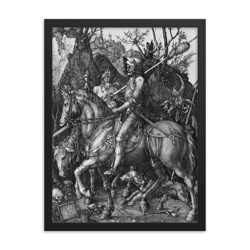 Knight, Death and the Devil by Albrecht Durer, 1513 framed print on a plain backdrop in size 18