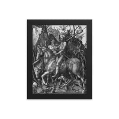 Knight, Death and the Devil by Albrecht Durer, 1513 framed print on a plain backdrop in size 8"x10".
