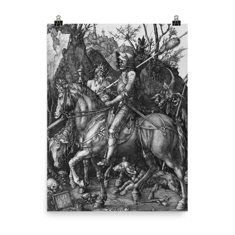 Knight, Death and the Devil by Albrecht Durer, 1513 poster on a plain backdrop in size 8