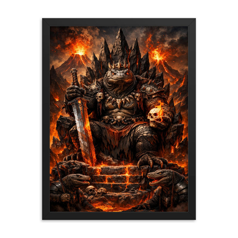 Komodo dragon warlord on volcanic throne framed print on a plain backdrop in size 18