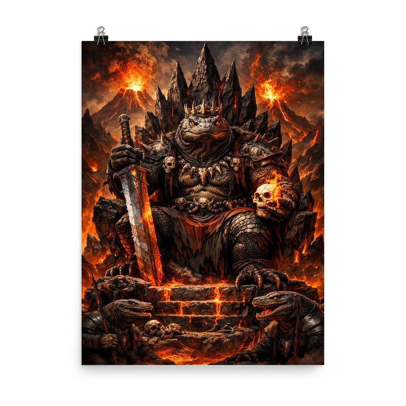 Komodo dragon warlord on volcanic throne poster on a plain backdrop in size 8