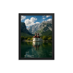 Konigssee and St Bartholoma Germany framed print on a plain backdrop in size 12"x16".
