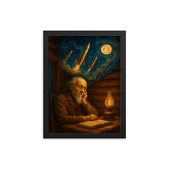 Konstantin Tsiolkovsky dreaming rockets in log cabin framed print on a plain backdrop in size 12"x16".
