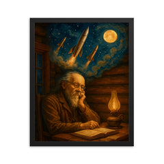 Konstantin Tsiolkovsky dreaming rockets in log cabin framed print on a plain backdrop in size 16"x20".