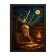 Konstantin Tsiolkovsky dreaming rockets in log cabin framed print on a plain backdrop in size 18"x24".