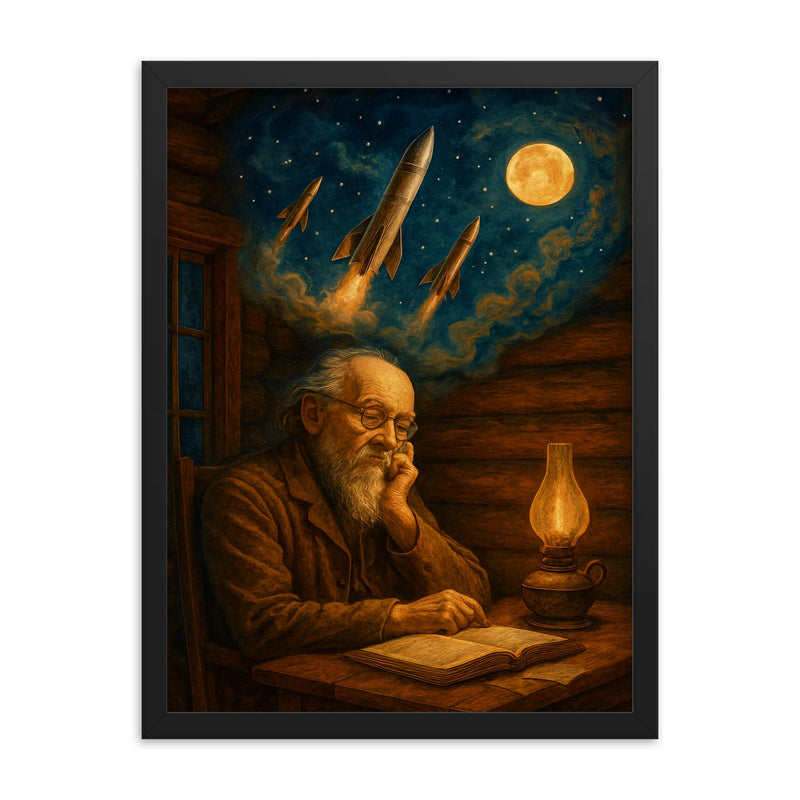 Konstantin Tsiolkovsky dreaming rockets in log cabin framed print on a plain backdrop in size 18