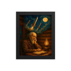 Konstantin Tsiolkovsky dreaming rockets in log cabin framed print on a plain backdrop in size 8"x10".