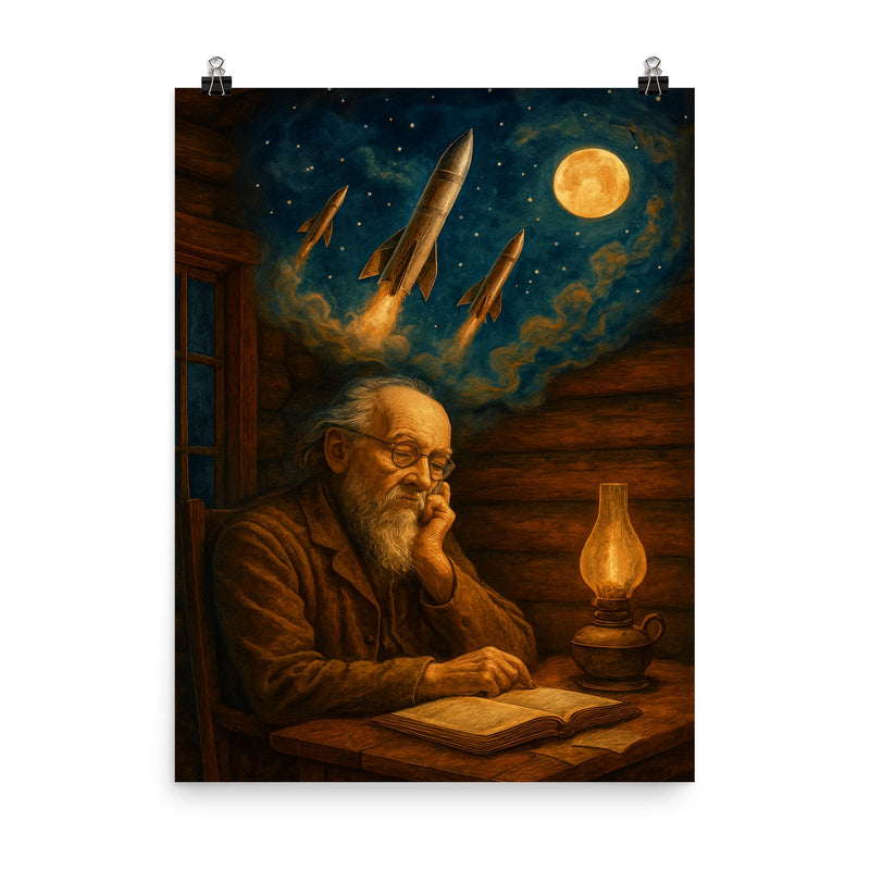 Konstantin Tsiolkovsky dreaming rockets in log cabin poster on a plain backdrop in size 8
