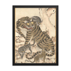 Korean art - Tiger Family - late 1800s framed print on a plain backdrop in size 18"x24".