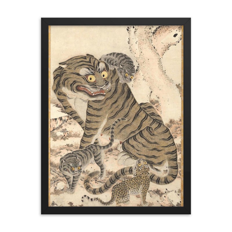 Korean art - Tiger Family - late 1800s framed print on a plain backdrop in size 18