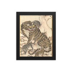 Korean art - Tiger Family - late 1800s framed print on a plain backdrop in size 8"x10".