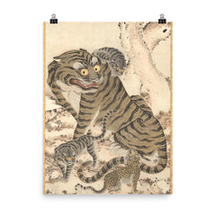 Korean art - Tiger Family - late 1800s poster on a plain backdrop in size 8"x10".
