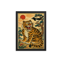 Korean minhwa tiger and magpie royal satire scene framed print on a plain backdrop in size 12"x16".