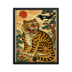 Korean minhwa tiger and magpie royal satire scene framed print on a plain backdrop in size 16"x20".