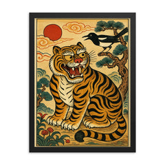 Korean minhwa tiger and magpie royal satire scene framed print on a plain backdrop in size 18"x24".