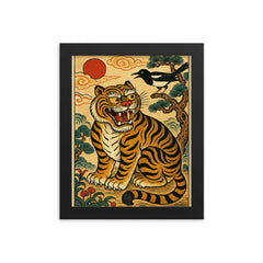Korean minhwa tiger and magpie royal satire scene framed print on a plain backdrop in size 8"x10".