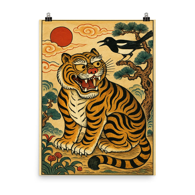 Korean minhwa tiger and magpie royal satire scene poster on a plain backdrop in size 8