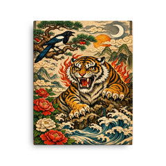 Korean tiger and magpie in fierce minhwa style canvas print on a plain backdrop in size 16"x20".